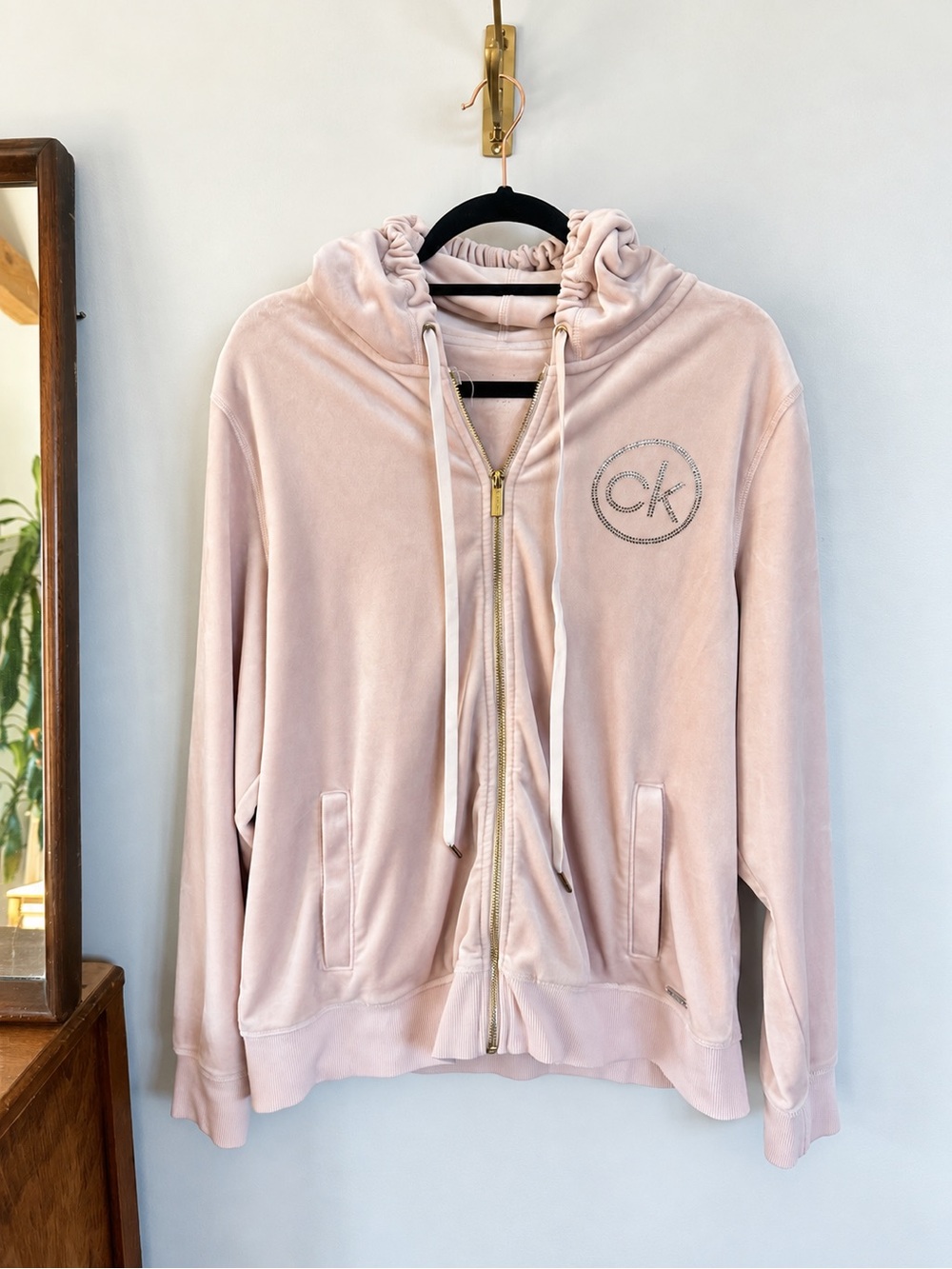 Calvin Klein Velour Rhinestone Zip Hoodie XL Blush Pink Y2K McBling